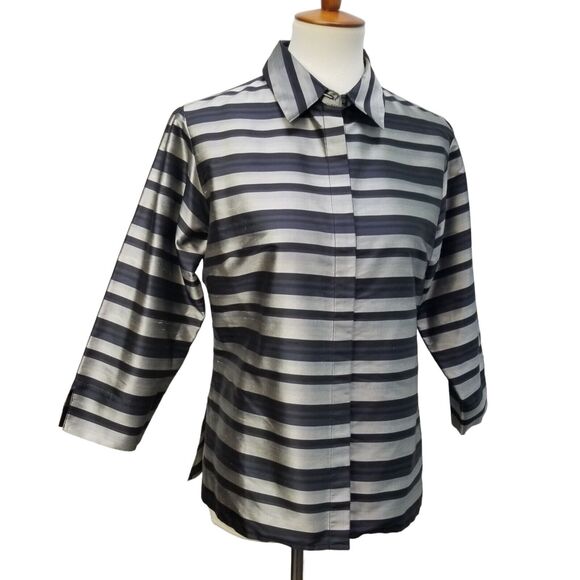 Preston & York Women Silk Boxy 3/4 Sl Collared Striped Silver Black Jacket Sz S - Picture 4 of 10